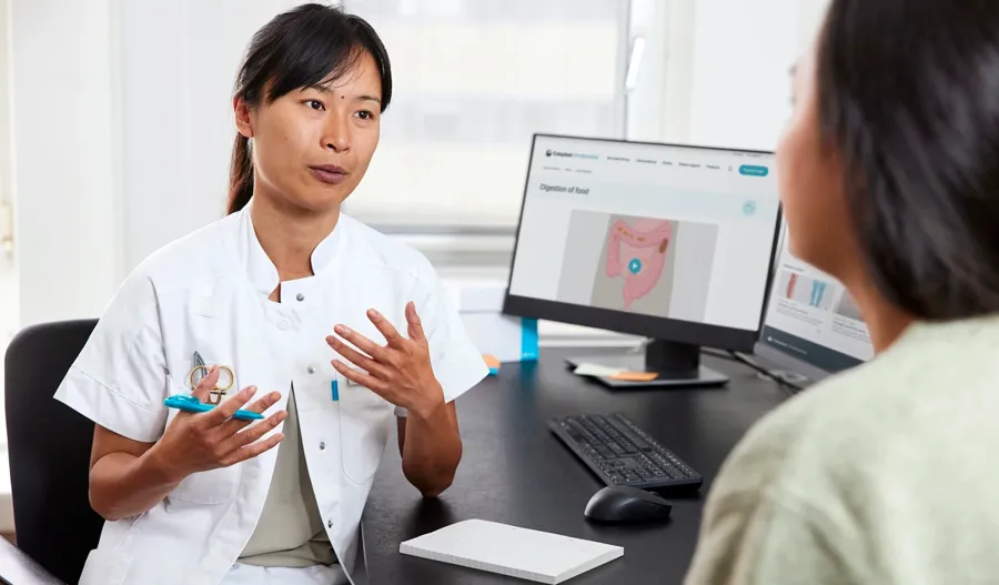 Image of HCP explaining the bowel  